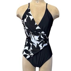 AS Alicia Simone Swimsuit Tropical Black White One Piece 10 12 14
